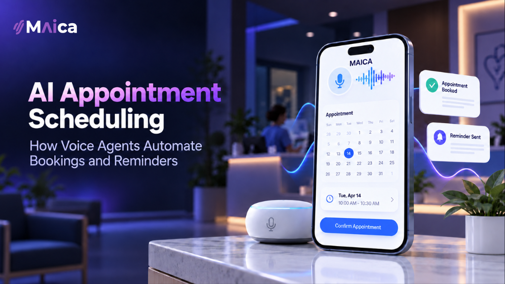 AI Appointment Scheduling: a phone showing a Maica voice agent booking an appointment, with appointment booked and reminder sent notifications